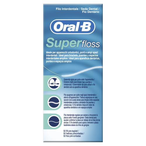 Oral-B Superfloss Dental Floss Οδοντικό Νήμα με Κερί για μια Άνετη Εμπειρία Καθαρισμού σε Γέφυρες, Σιδεράκια & Μεγάλα Μεσοδόντια Διαστήματα 50m